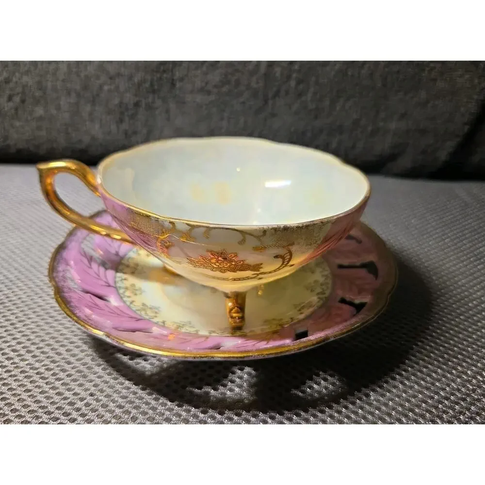 vintage Japanese lusterware porcelain teacup and saucer set Lace Design
